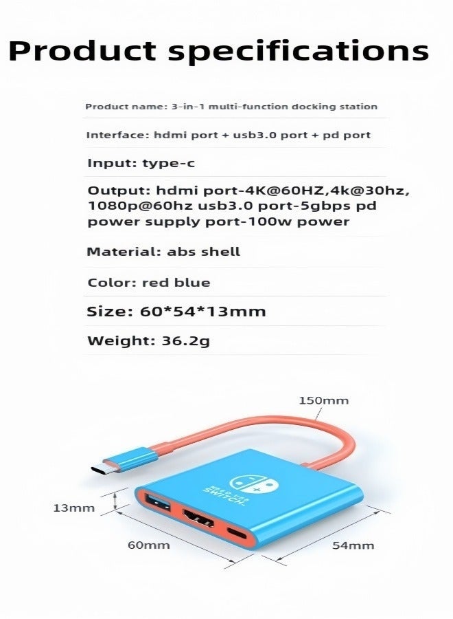 Stars Market Switch2 Portable Screen Mirroring Device Type-C Dock Supports 4K/60Hz HD HDMI + USB 3.0 + PD 100W Charging Compatible with Switch 2 / Switch 1 [Blue and Red] - Image 2